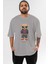Teddy Bear Tarz Ön Baskılı Gri Oversize T-Shirt Unisex Erkek Kadın Bisiklet Yaka 1