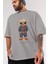 Teddy Bear Tarz Ön Baskılı Gri Oversize T-Shirt Unisex Erkek Kadın Bisiklet Yaka 3