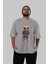 Teddy Bear Tarz Ön Baskılı Gri Oversize T-Shirt Unisex Erkek Kadın Bisiklet Yaka 5