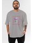 Less Of Emotion Ön Baskılı Gri Oversize T-Shirt Unisex Erkek Kadın Bisiklet Yaka 1
