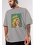 Yellow Girls Retro Ön Baskılı Gri Oversize T-Shirt Unisex Erkek Kadın Bisiklet Yaka 3