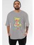 Colerful Bear Ön Baskılı Gri Oversize T-Shirt Unisex Erkek Kadın Bisiklet Yaka 1