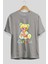 Colerful Bear Ön Baskılı Gri Oversize T-Shirt Unisex Erkek Kadın Bisiklet Yaka 2