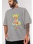 Colerful Bear Ön Baskılı Gri Oversize T-Shirt Unisex Erkek Kadın Bisiklet Yaka 3