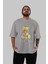 Colerful Bear Ön Baskılı Gri Oversize T-Shirt Unisex Erkek Kadın Bisiklet Yaka 5