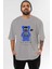 Be Happy Bear Ön Baskılı Gri Oversize T-Shirt Unisex Erkek Kadın Bisiklet Yaka 1