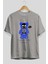Be Happy Bear Ön Baskılı Gri Oversize T-Shirt Unisex Erkek Kadın Bisiklet Yaka 2