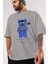 Be Happy Bear Ön Baskılı Gri Oversize T-Shirt Unisex Erkek Kadın Bisiklet Yaka 3