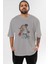 Hadouken Ön Baskılı Gri Oversize T-Shirt Unisex Erkek Kadın Bisiklet Yaka 1