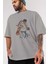 Hadouken Ön Baskılı Gri Oversize T-Shirt Unisex Erkek Kadın Bisiklet Yaka 3