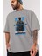 Upside Down Ön Baskılı Gri Oversize T-Shirt Unisex Erkek Kadın Bisiklet Yaka 3