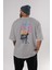 Put On Smile Bear Arka Baskılı Gri Oversize T-Shirt Unisex Erkek Kadın Bisiklet Yaka 4