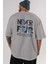 Never Let Fear Arka Baskılı Gri Oversize T-Shirt Unisex Erkek Kadın Bisiklet Yaka 3