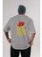 Bloom Flower Arka Baskılı Gri Oversize T-Shirt Unisex Erkek Kadın Bisiklet Yaka 1