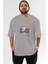 The King Is Here Yazılı Ön Baskılı Gri Oversize T-Shirt Unisex Erkek Kadın Bisiklet Yaka 1