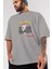 The King Is Here Yazılı Ön Baskılı Gri Oversize T-Shirt Unisex Erkek Kadın Bisiklet Yaka 3