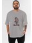 Gorilla Rock Star Ön Baskılı Gri Oversize T-Shirt Unisex Erkek Kadın Bisiklet Yaka 1