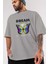 Dream Company Ön Baskılı Gri Oversize T-Shirt Unisex Erkek Kadın Bisiklet Yaka 3