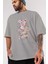 Bloom From Bear Ön Baskılı Gri Oversize T-Shirt Unisex Erkek Kadın Bisiklet Yaka 3