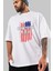 New York Usa Ön Baskılı Beyaz Oversize T-Shirt Erkek Kadın Bisiklet Yaka 3