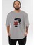 Japanese Devil Ön Baskılı Gri Oversize T-Shirt Unisex Erkek Kadın Bisiklet Yaka 1