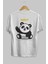 Hello Panda Arka Baskılı Beyaz Oversize T-Shirt Erkek Kadın Bisiklet Yaka 2