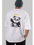 Hello Panda Arka Baskılı Beyaz Oversize T-Shirt Erkek Kadın Bisiklet Yaka 5