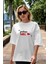 Yalanı Geç Ön Baskılı Beyaz Oversize T-Shirt Erkek Kadın Bisiklet Yaka 5