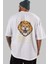 Aggressive Lion Arka Baskılı Beyaz Oversize T-Shirt Erkek Kadın Bisiklet Yaka 3