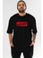 Değişik Ön Baskılı Siyah Oversize T-Shirt Erkek Kadın Bisiklet Yaka 1