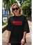 Değişik Ön Baskılı Siyah Oversize T-Shirt Erkek Kadın Bisiklet Yaka 5