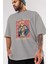 Power Ön Baskılı Gri Oversize T-Shirt Unisex Erkek Kadın Bisiklet Yaka 3
