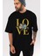 Love Flower Ön Baskılı Siyah Oversize T-Shirt Erkek Kadın Bisiklet Yaka 1