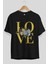 Love Flower Ön Baskılı Siyah Oversize T-Shirt Erkek Kadın Bisiklet Yaka 2