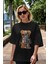 Teddy Bear Robot Ön Baskılı Siyah Oversize T-Shirt Erkek Kadın Bisiklet Yaka 2