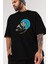 Panda Love Hanging Ön Baskılı Siyah Oversize T-Shirt Erkek Kadın Bisiklet Yaka 3