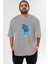 Skating On The Moon Ön Baskılı Gri Oversize T-Shirt Unisex Erkek Kadın Bisiklet Yaka 1