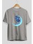 Skating On The Moon Ön Baskılı Gri Oversize T-Shirt Unisex Erkek Kadın Bisiklet Yaka 2