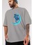 Skating On The Moon Ön Baskılı Gri Oversize T-Shirt Unisex Erkek Kadın Bisiklet Yaka 3