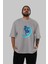 Skating On The Moon Ön Baskılı Gri Oversize T-Shirt Unisex Erkek Kadın Bisiklet Yaka 5