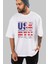 Usa Nyc Ön Baskılı Beyaz Oversize T-Shirt Erkek Kadın Bisiklet Yaka 4