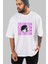 Distortion Ön Baskılı Beyaz Oversize T-Shirt Erkek Kadın Bisiklet Yaka 4