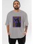 Neon Cat Ön Baskılı Gri Oversize T-Shirt Unisex Erkek Kadın Bisiklet Yaka 1