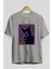 Neon Cat Ön Baskılı Gri Oversize T-Shirt Unisex Erkek Kadın Bisiklet Yaka 2