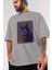 Neon Cat Ön Baskılı Gri Oversize T-Shirt Unisex Erkek Kadın Bisiklet Yaka 3