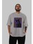 Neon Cat Ön Baskılı Gri Oversize T-Shirt Unisex Erkek Kadın Bisiklet Yaka 5