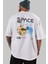 Space Our Arka Baskılı Beyaz Oversize T-Shirt Erkek Kadın Bisiklet Yaka 2