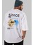Space Our Arka Baskılı Beyaz Oversize T-Shirt Erkek Kadın Bisiklet Yaka 3