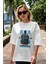 Upside Down Ön Baskılı Beyaz Oversize T-Shirt Erkek Kadın Bisiklet Yaka 5