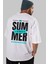 Summer Vibes 2 Arka Baskılı Beyaz Oversize T-Shirt Erkek Kadın Bisiklet Yaka 2
